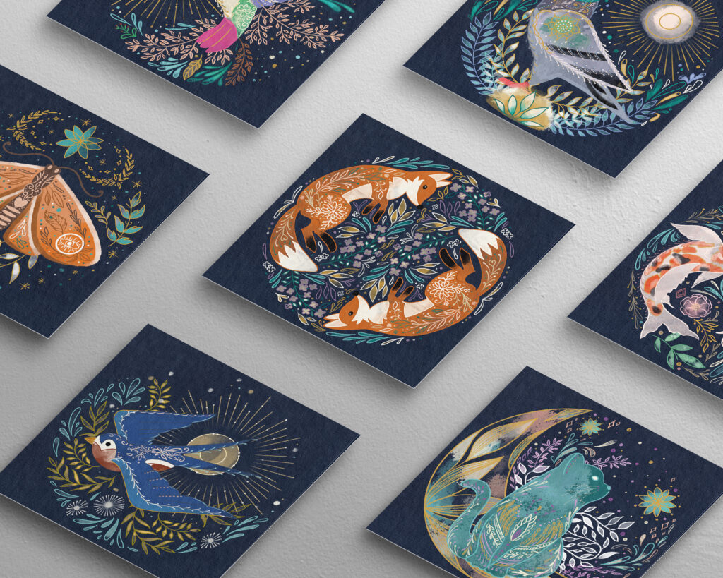 Autorské ilustrace zvířat, mandal a dalších